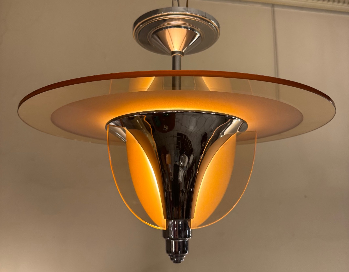 Lustre / Plafonnier Art Déco H. Petitot France  - Verre sablé et métal chromé ( art deco 1930 )