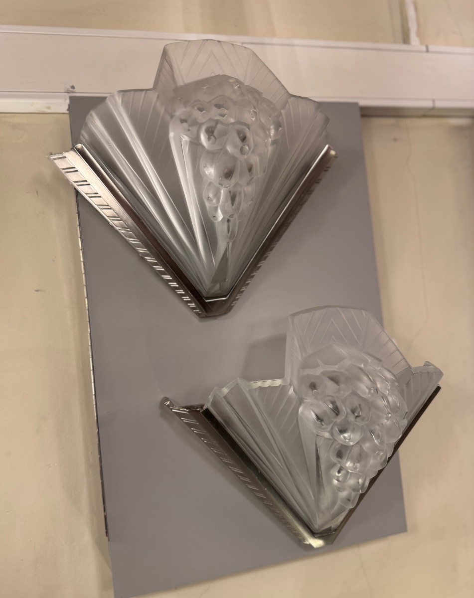  Pair Of Art Deco Wall Sconces Signed Petitot France / Nickel-plated Bronze (art Deco Sconces, 1930)  -photo-3