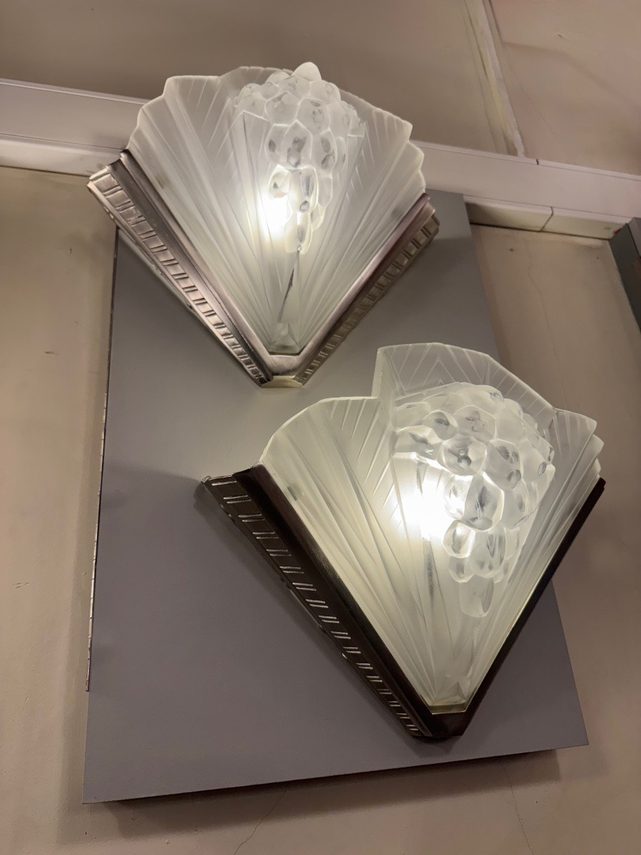  Pair Of Art Deco Wall Sconces Signed Petitot France / Nickel-plated Bronze (art Deco Sconces, 1930)  -photo-4