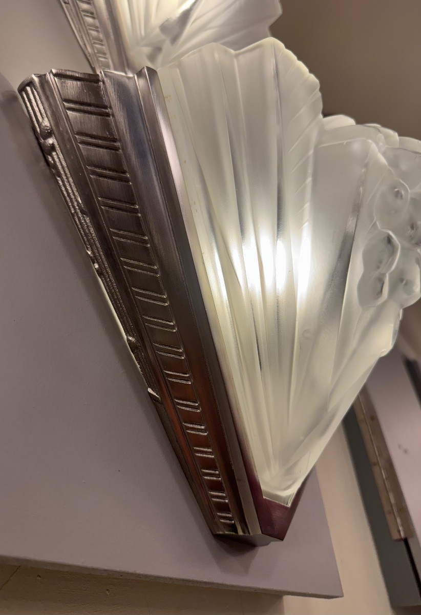  Pair Of Art Deco Wall Sconces Signed Petitot France / Nickel-plated Bronze (art Deco Sconces, 1930)  -photo-2