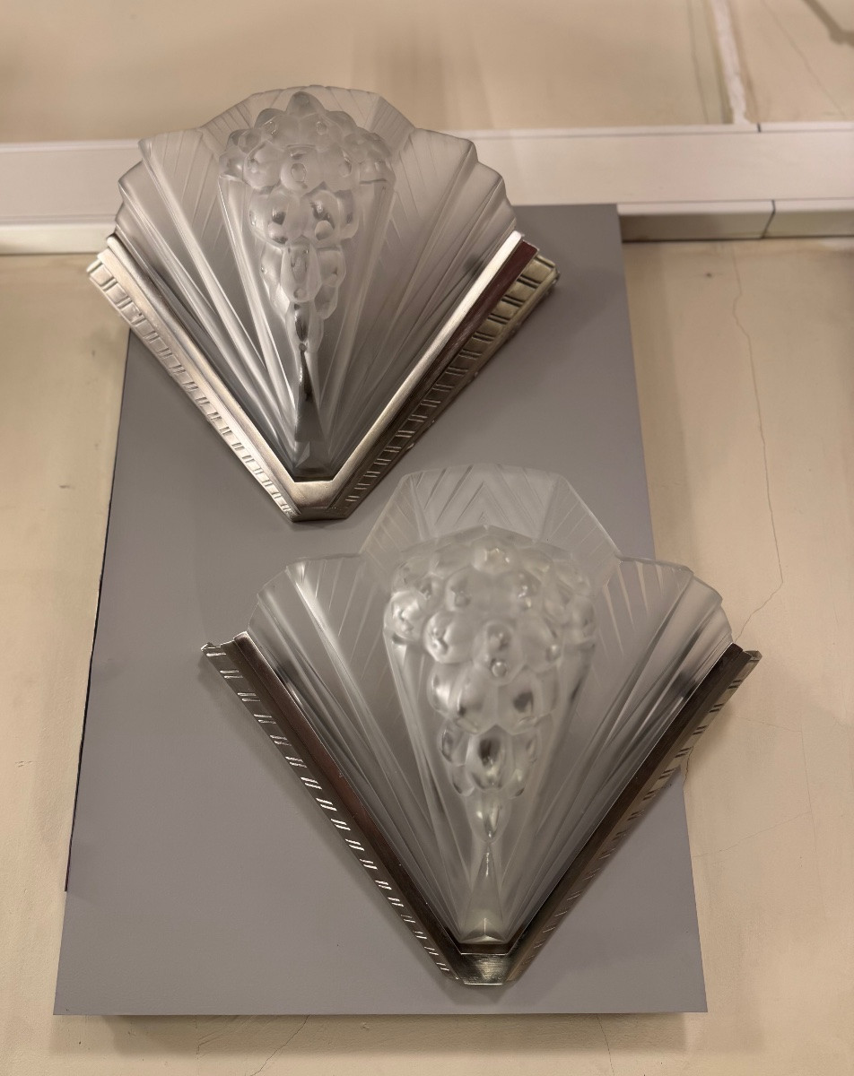  Pair Of Art Deco Wall Sconces Signed Petitot France / Nickel-plated Bronze (art Deco Sconces, 1930)  -photo-6