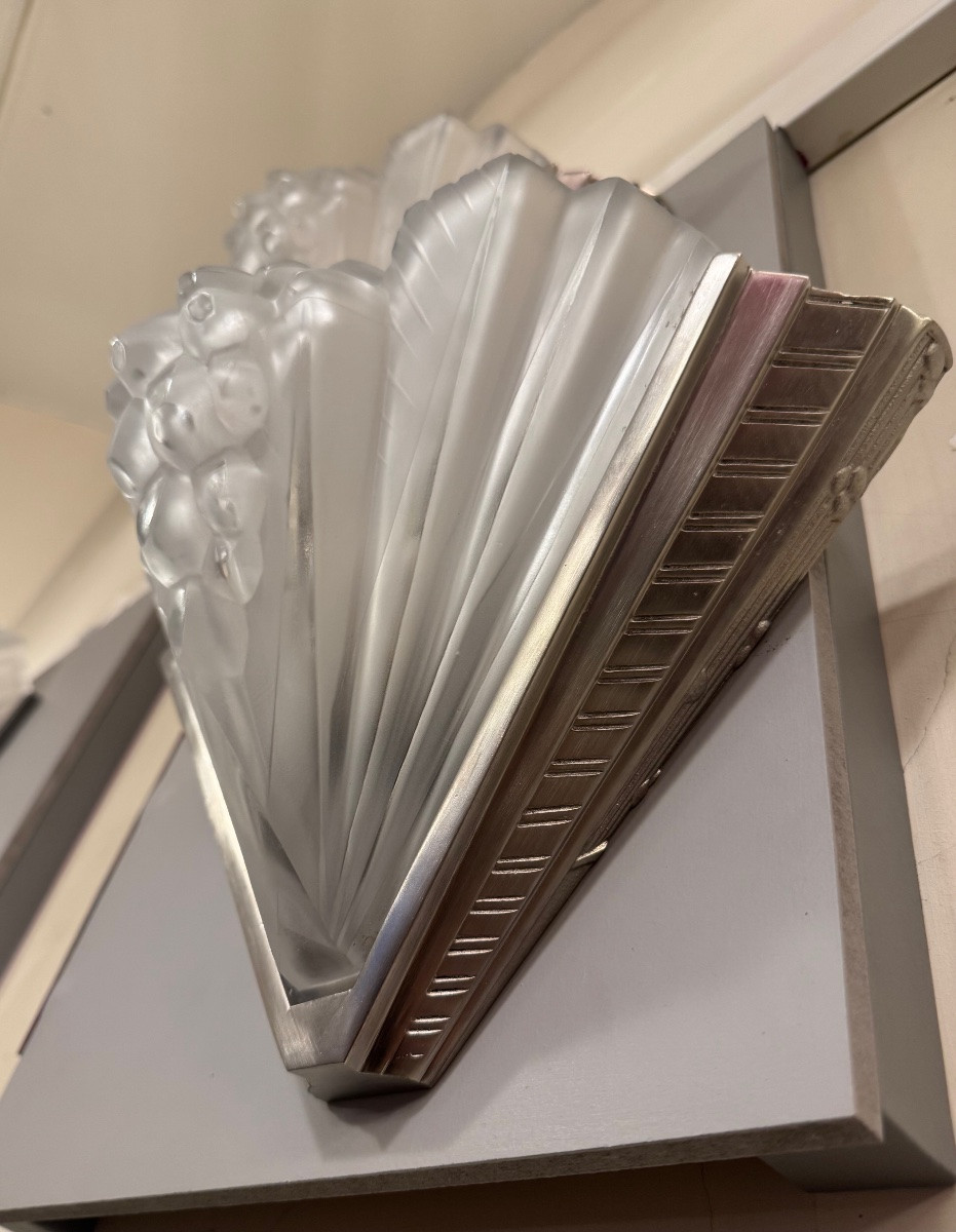  Pair Of Art Deco Wall Sconces Signed Petitot France / Nickel-plated Bronze (art Deco Sconces, 1930)  -photo-7