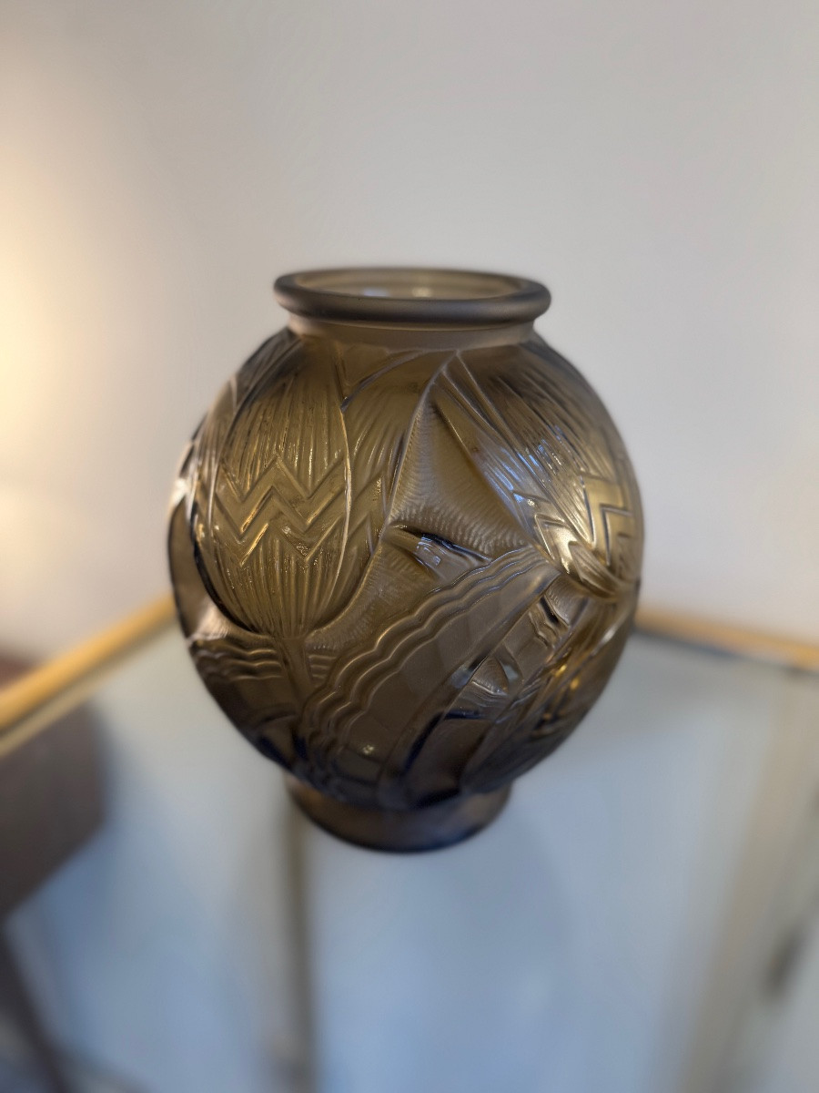 Vase Art Déco « Les Nénuphars » Signé P. D’Avesn /  verre moulé pressé { vases art deco 1930 } -photo-6
