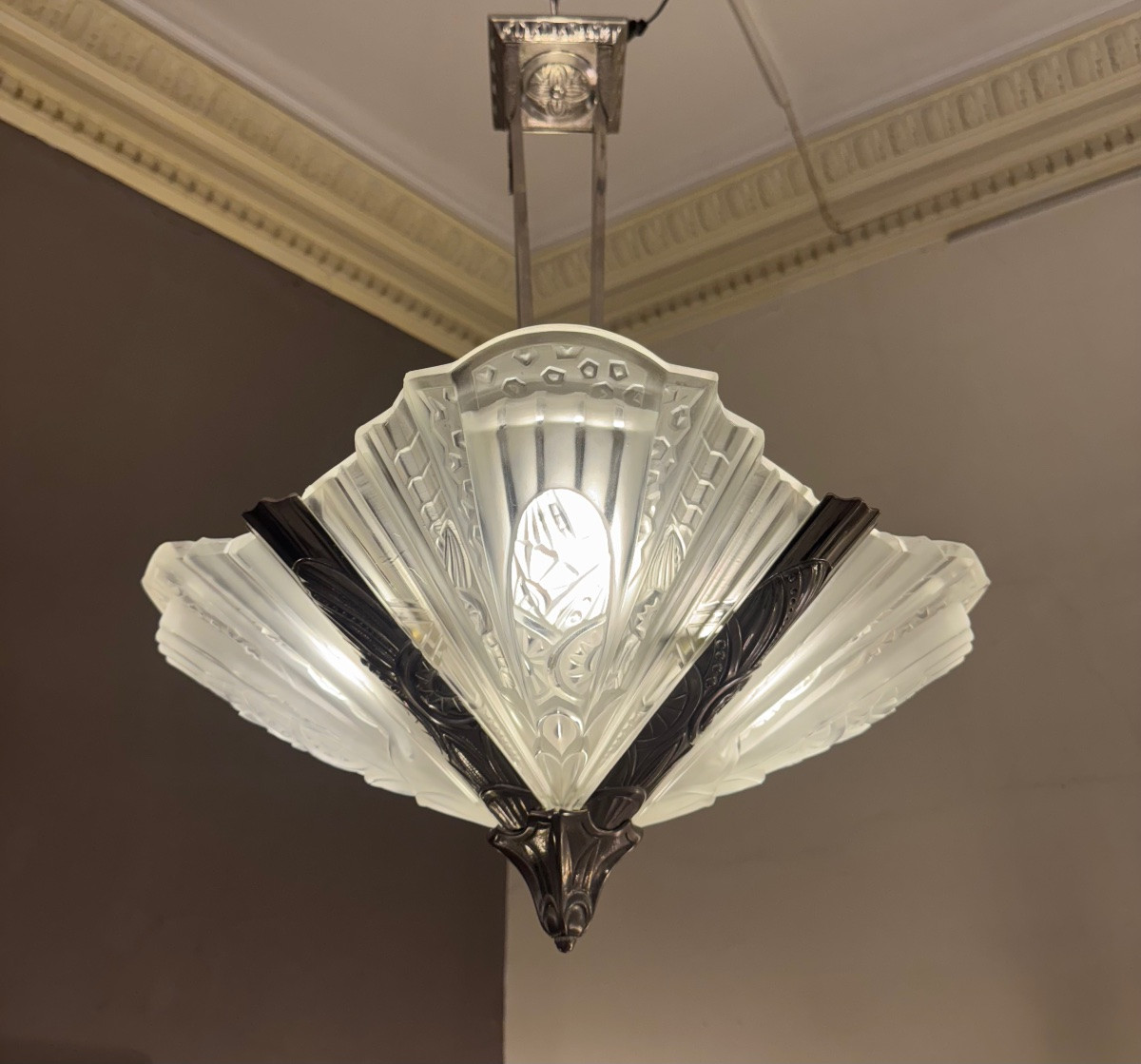 Rare Lustre Art Déco à quatre grandes plaques Signé Jamain & Frontisi ( lustre art deco 1930 -photo-3