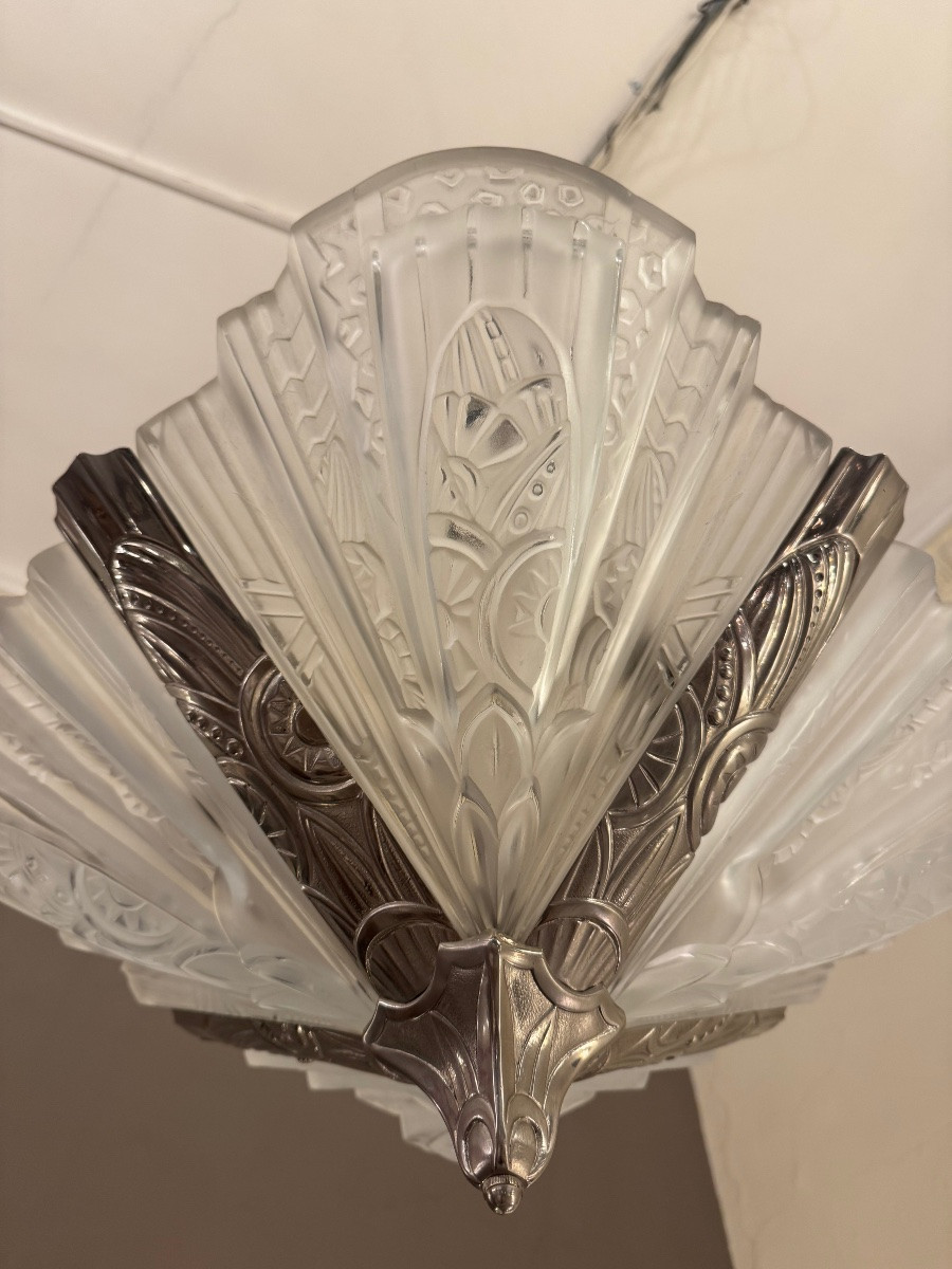 Rare Lustre Art Déco à quatre grandes plaques Signé Jamain & Frontisi ( lustre art deco 1930 -photo-6