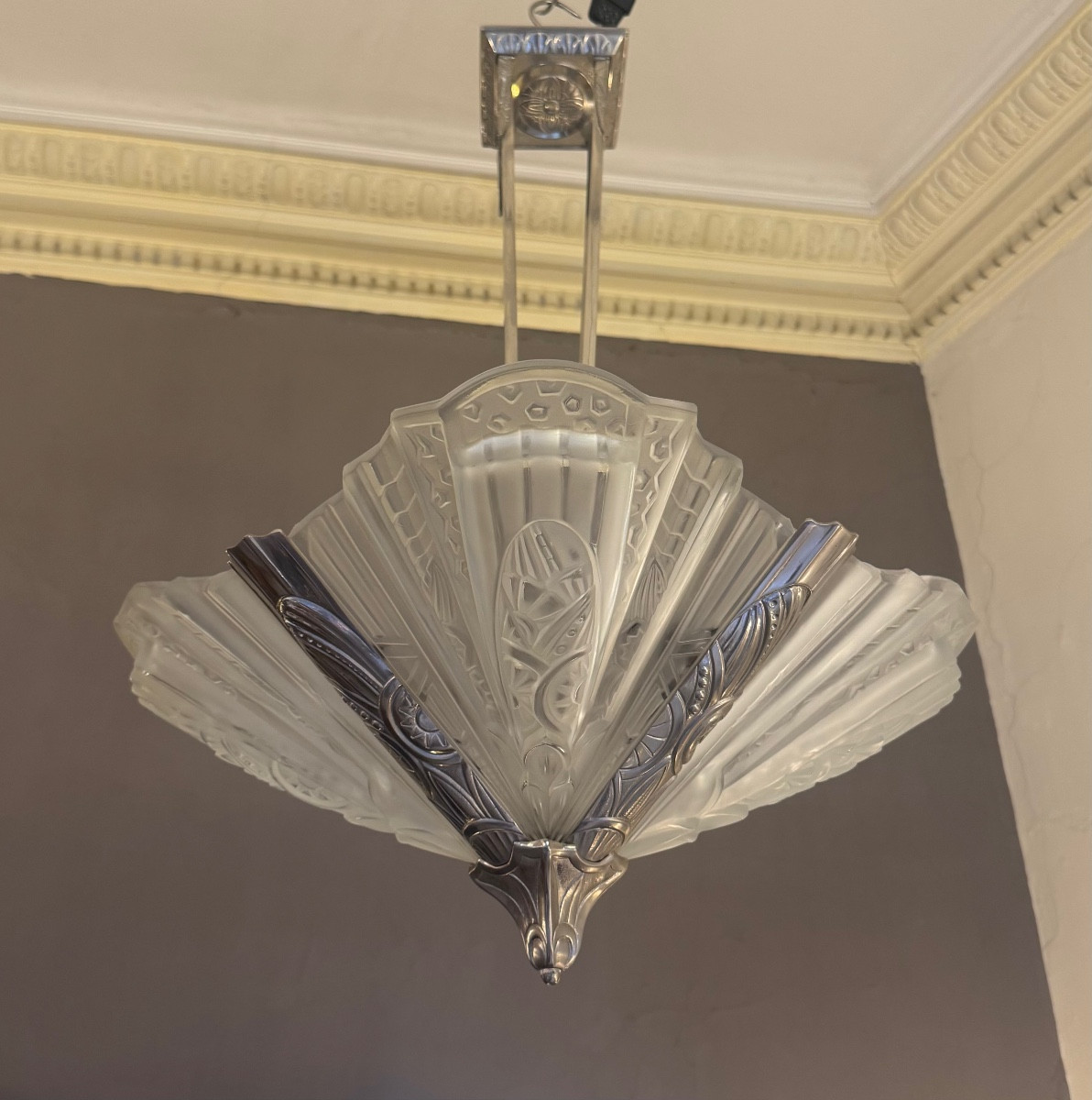 Rare Lustre Art Déco à quatre grandes plaques Signé Jamain & Frontisi ( lustre art deco 1930 