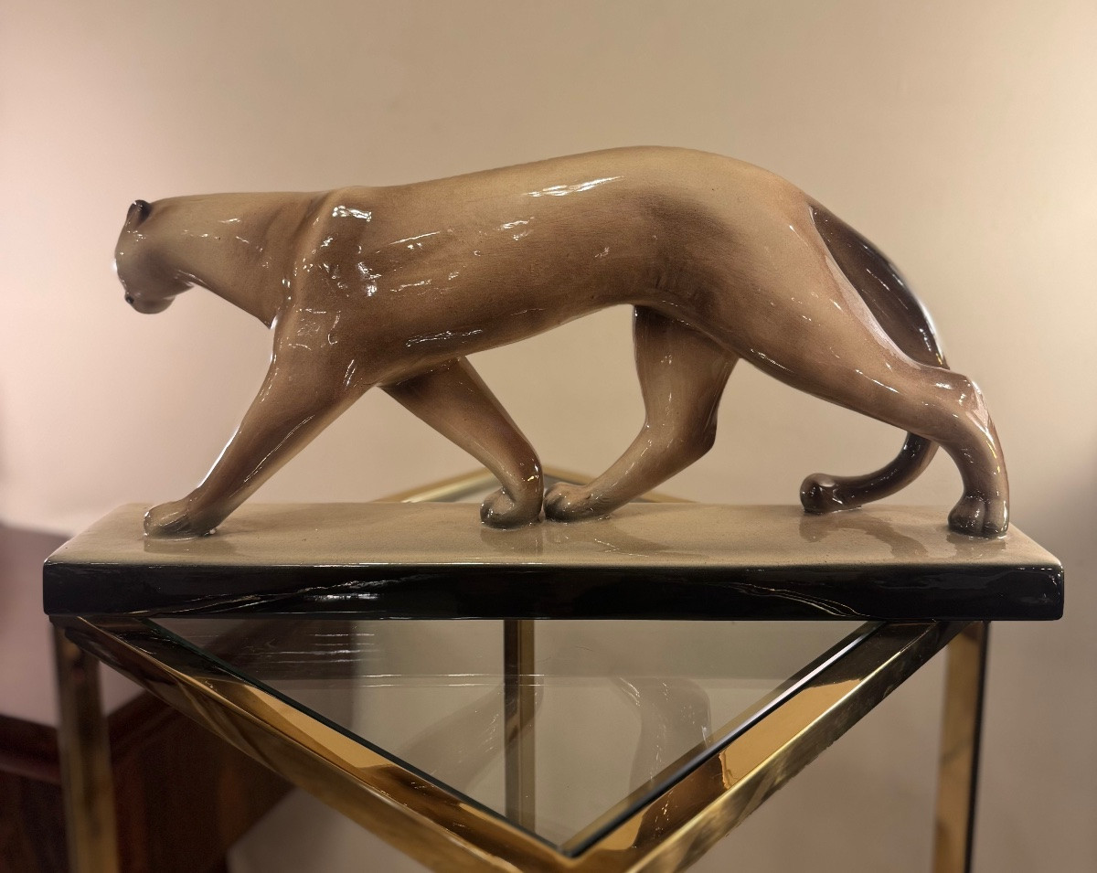 Art Deco Animal Ceramic "panther On The March" / Earthenware (sainte Radegonde) Art Deco 1930-photo-2