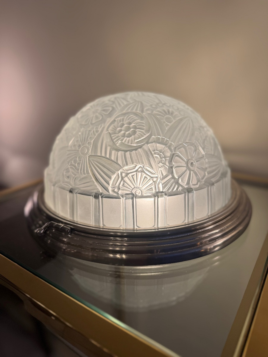 Rare Art Deco Ceiling Light Signed Hettier & Vincent, Pressed Glass And Nickel-plated Bronze, Art Deco, 1930-photo-2