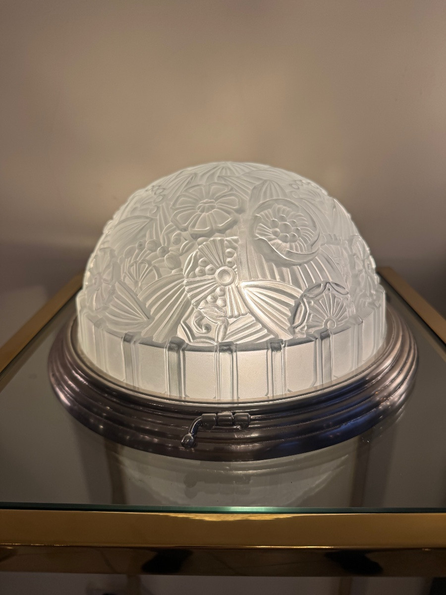 Rare Art Deco Ceiling Light Signed Hettier & Vincent, Pressed Glass And Nickel-plated Bronze, Art Deco, 1930-photo-3