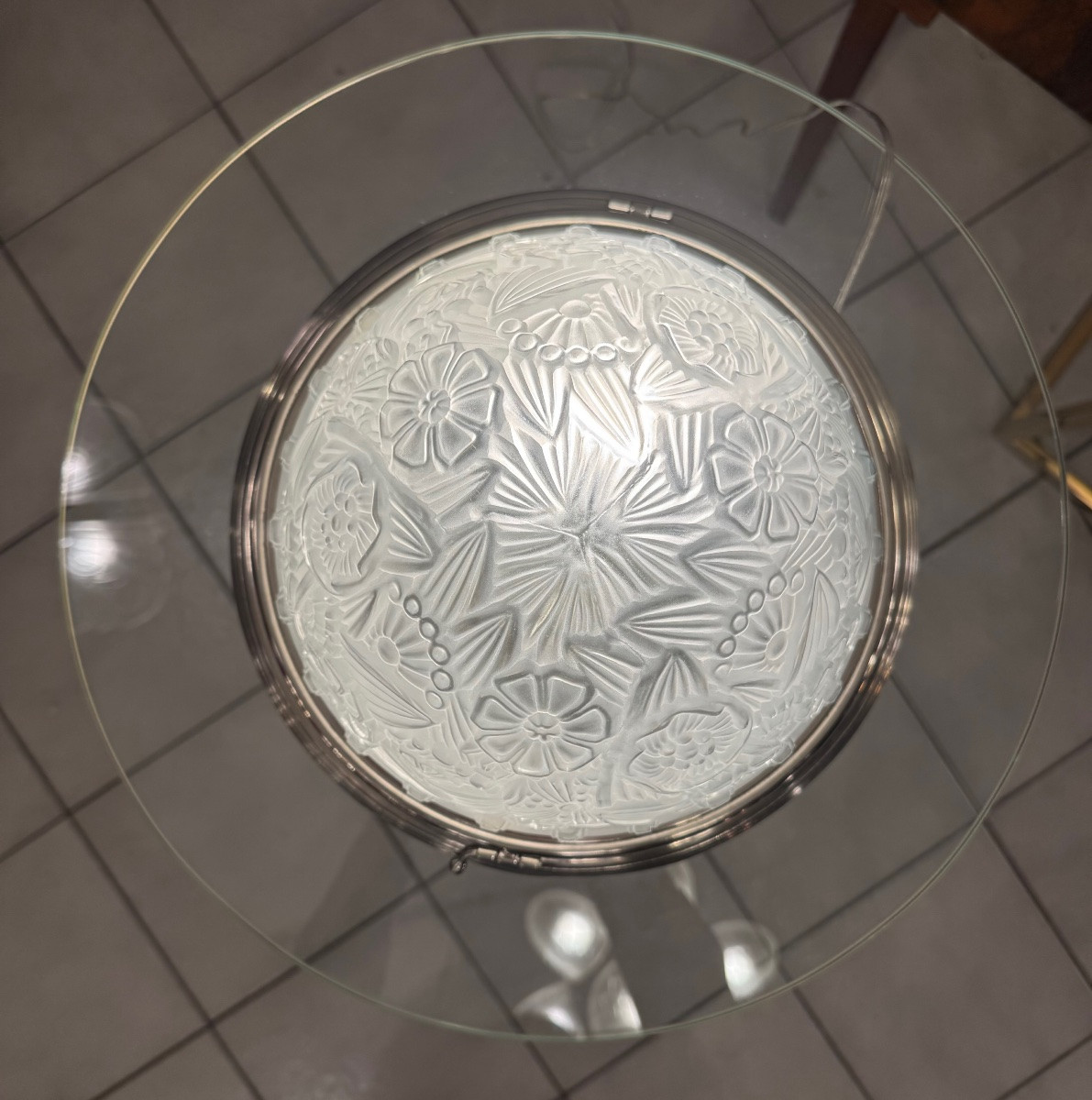 Rare Art Deco Ceiling Light Signed Hettier & Vincent, Pressed Glass And Nickel-plated Bronze, Art Deco, 1930-photo-4