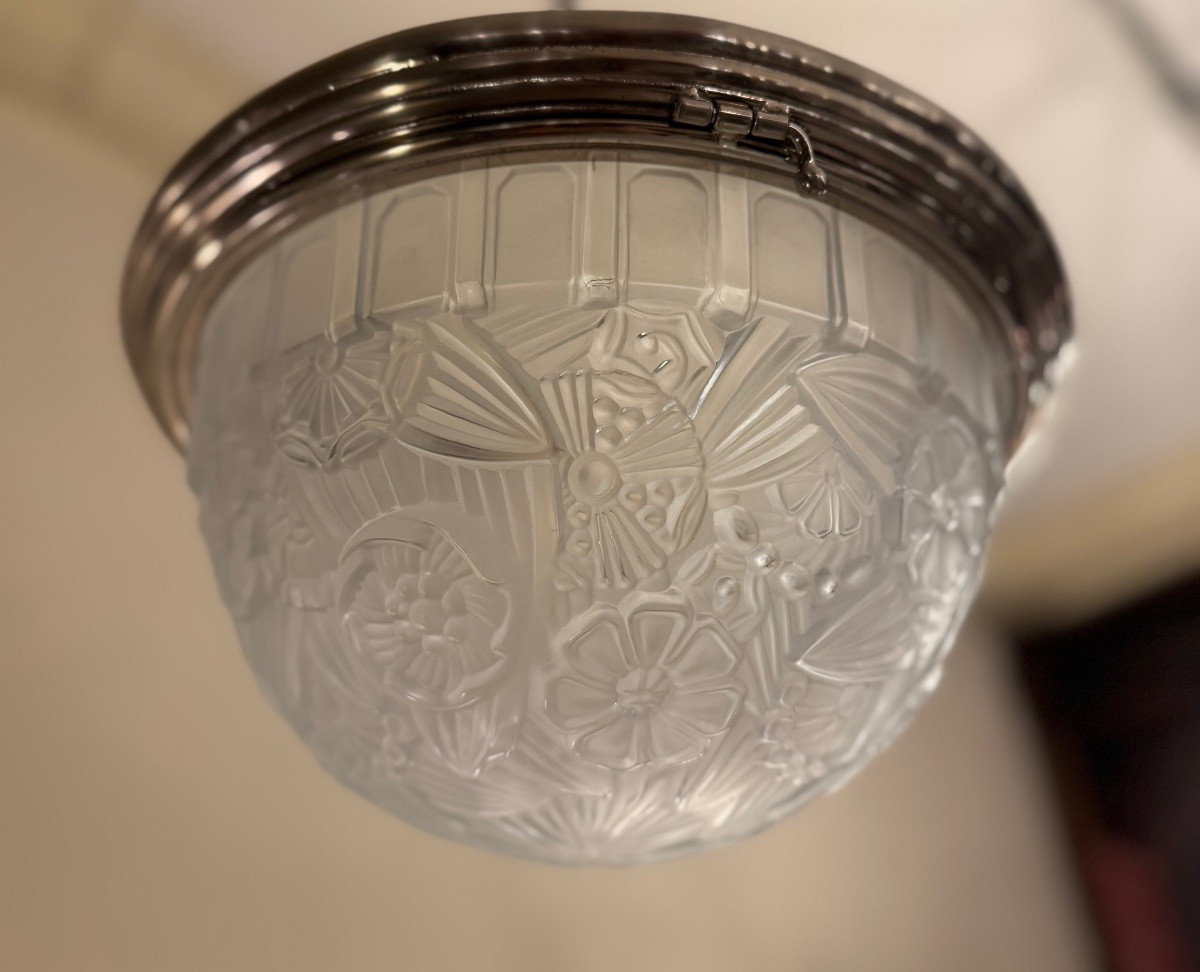 Rare Art Deco Ceiling Light Signed Hettier & Vincent, Pressed Glass And Nickel-plated Bronze, Art Deco, 1930-photo-3