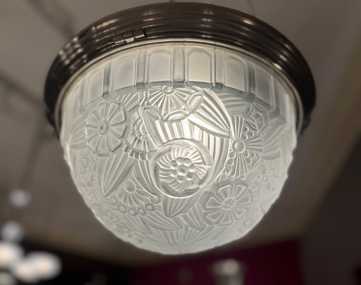 Rare Art Deco Ceiling Light Signed Hettier & Vincent, Pressed Glass And Nickel-plated Bronze, Art Deco, 1930-photo-4