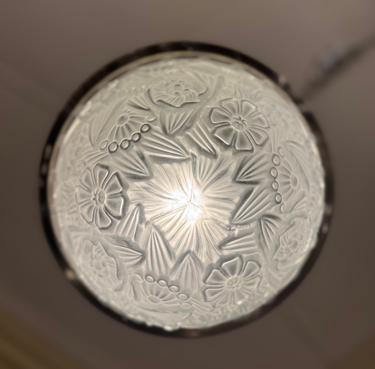 Rare Art Deco Ceiling Light Signed Hettier & Vincent, Pressed Glass And Nickel-plated Bronze, Art Deco, 1930-photo-5