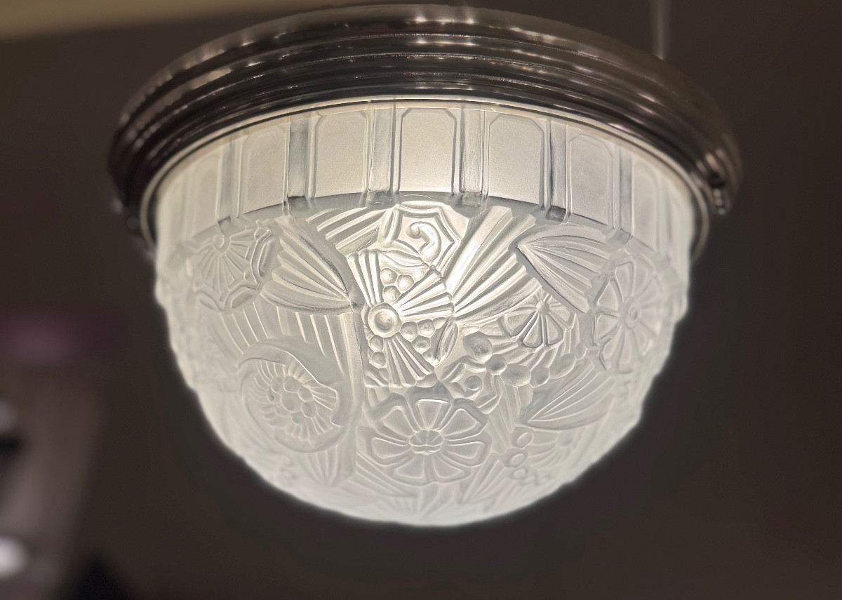 Rare Art Deco Ceiling Light Signed Hettier & Vincent, Pressed Glass And Nickel-plated Bronze, Art Deco, 1930-photo-8