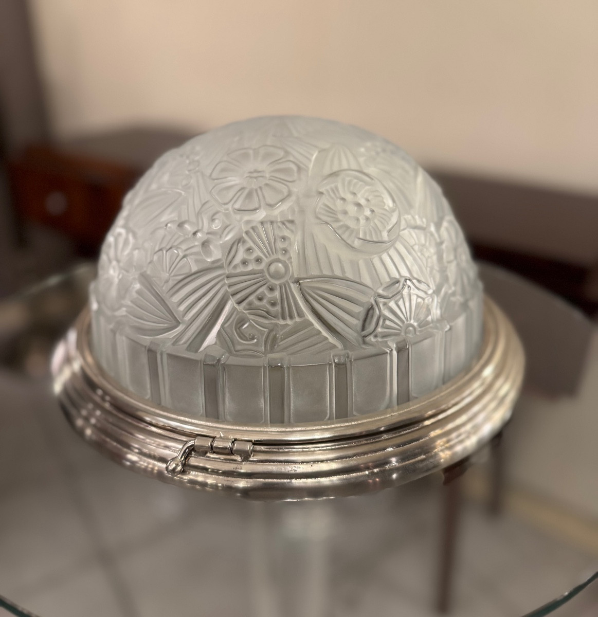 Rare Art Deco Ceiling Light Signed Hettier & Vincent, Pressed Glass And Nickel-plated Bronze, Art Deco, 1930