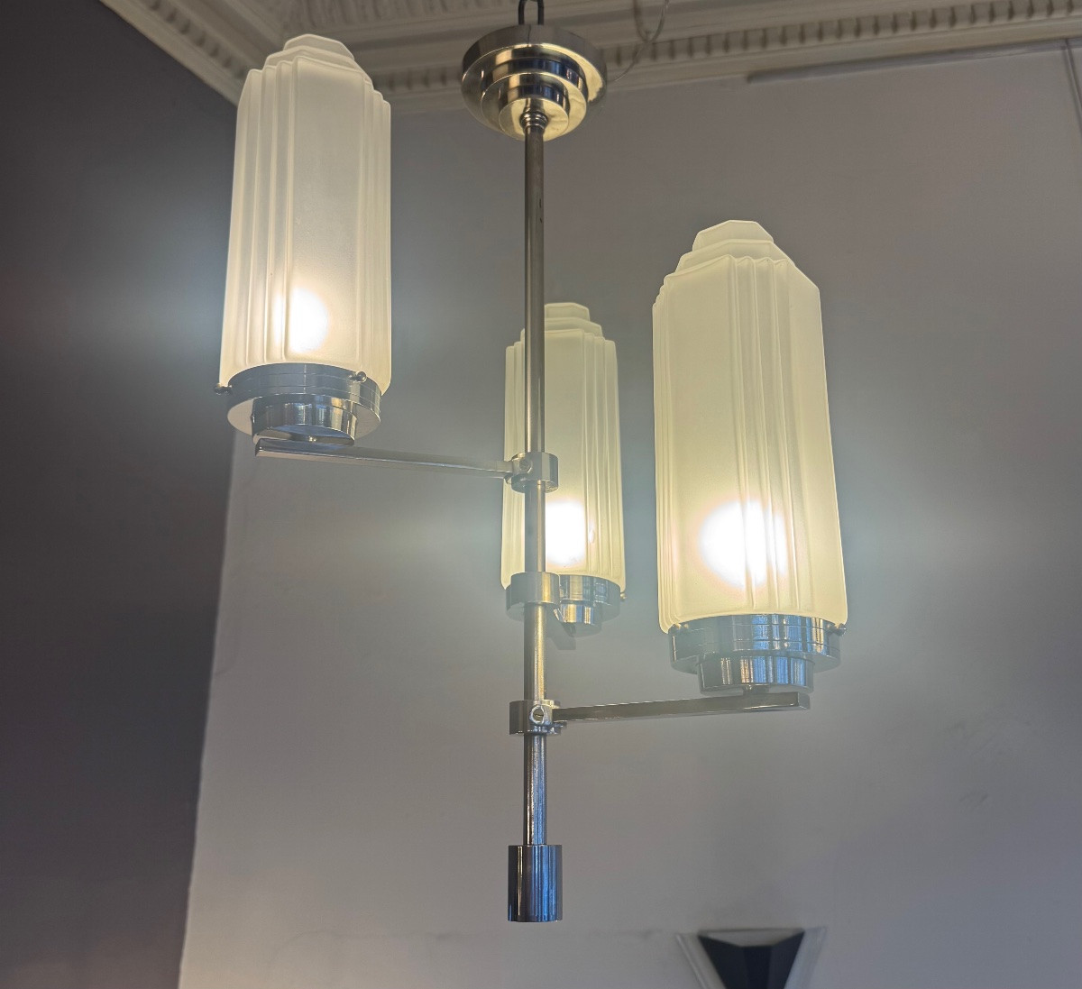 Suspension / Lustre Art Déco Moderniste modèle « Skyscraper » / métal chromé   ( art deco 1930 -photo-2