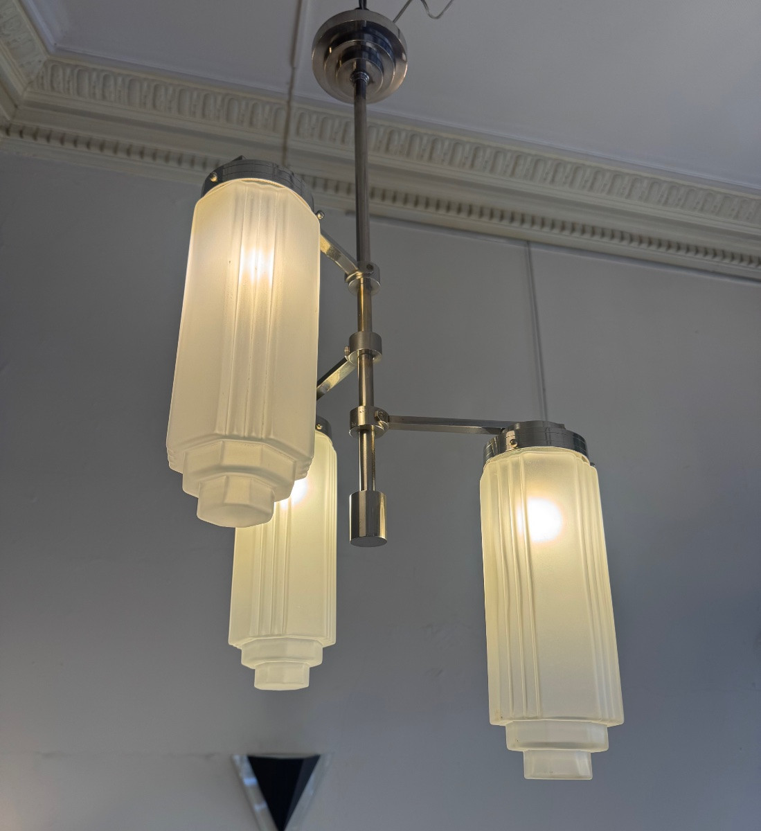 Suspension / Lustre Art Déco Moderniste modèle « Skyscraper » / métal chromé   ( art deco 1930 -photo-4