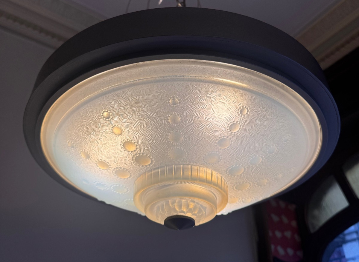 Important et Rare Plafonnier Art Déco Signé Georges Leleu / Verre opalescent ( art deco 1930 ) -photo-3