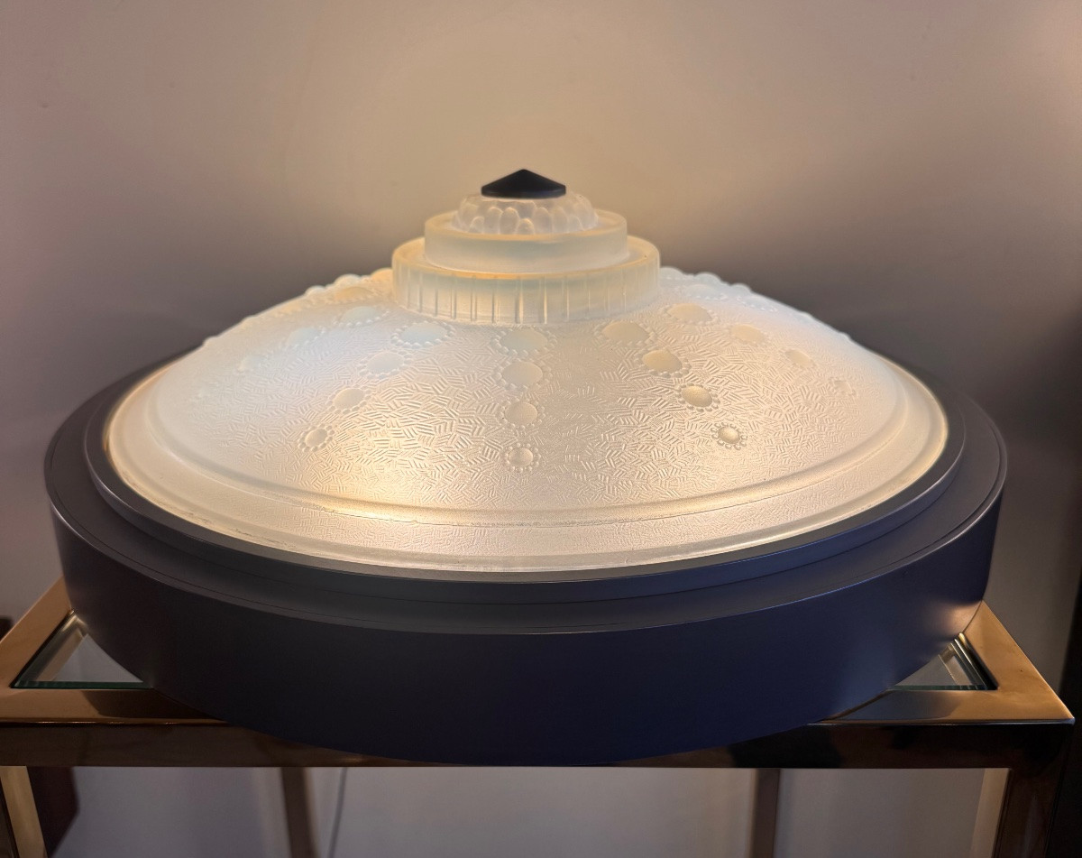 Important et Rare Plafonnier Art Déco Signé Georges Leleu / Verre opalescent ( art deco 1930 ) -photo-2