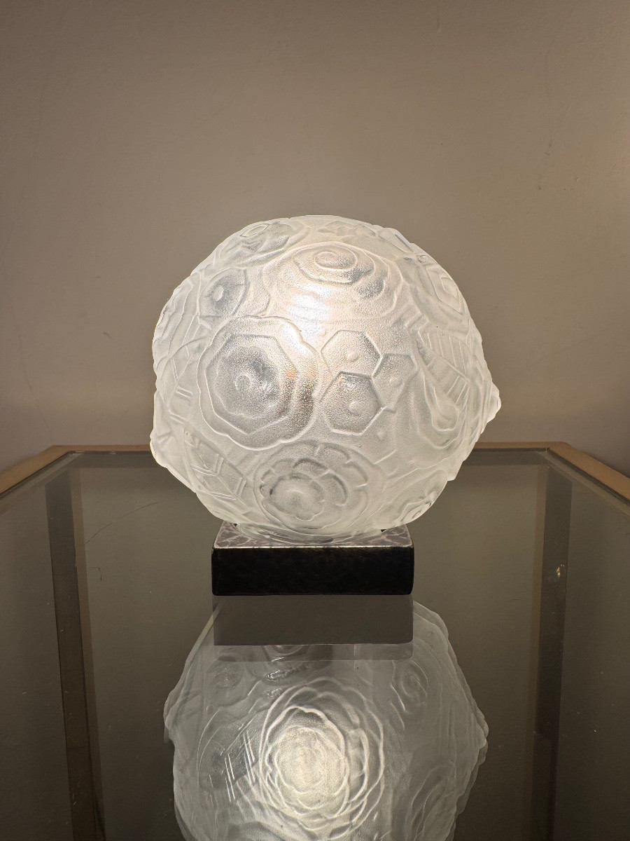 Table Lamp / Art Deco Night Light Signed Sabino Paris / Wrought Iron (art Deco Lamps 1930) -photo-2