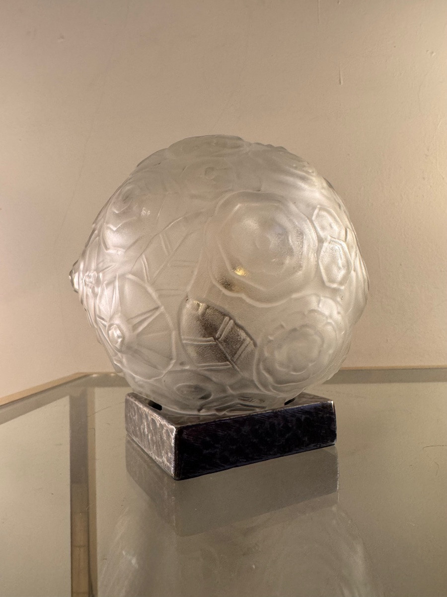 Table Lamp / Art Deco Night Light Signed Sabino Paris / Wrought Iron (art Deco Lamps 1930) -photo-3