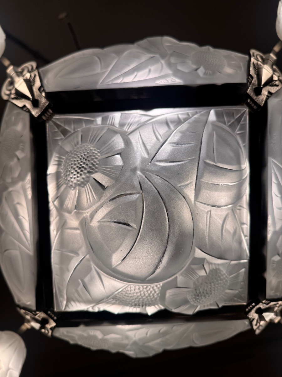 Art Deco Chandelier With 4 Panels And 4 Tulip Shades, Signed Degué / Nickel-plated Bronze (art Deco Chandeliers, 1930s)-photo-4