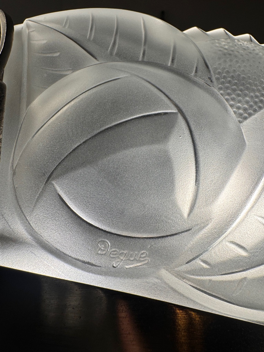 Art Deco Chandelier With 4 Panels And 4 Tulip Shades, Signed Degué / Nickel-plated Bronze (art Deco Chandeliers, 1930s)-photo-7