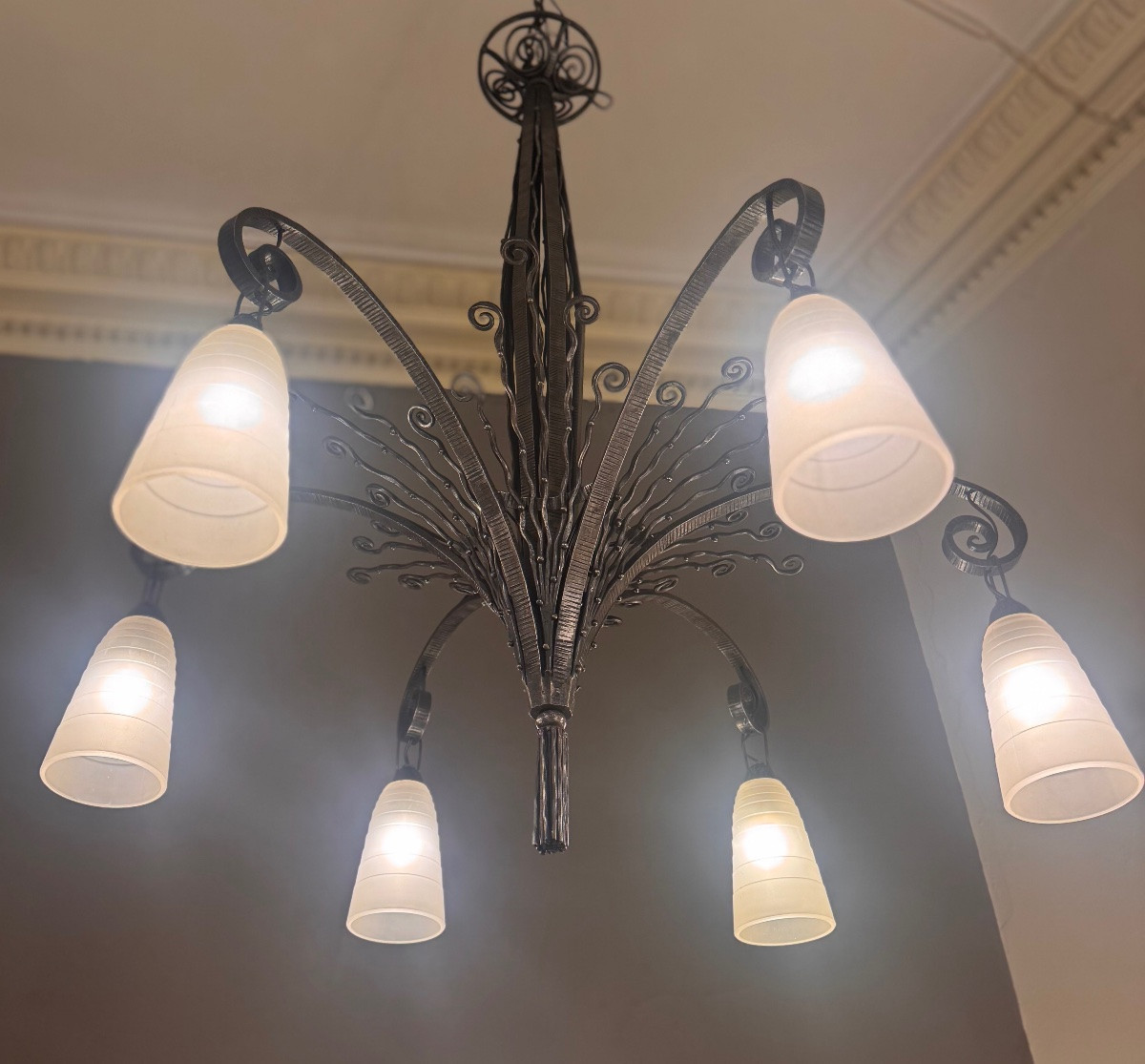 Important Lustre Art Déco FAG / Marcel Vasseur (D’après) en fer forgé ( lustre art deco 1930 ) -photo-2