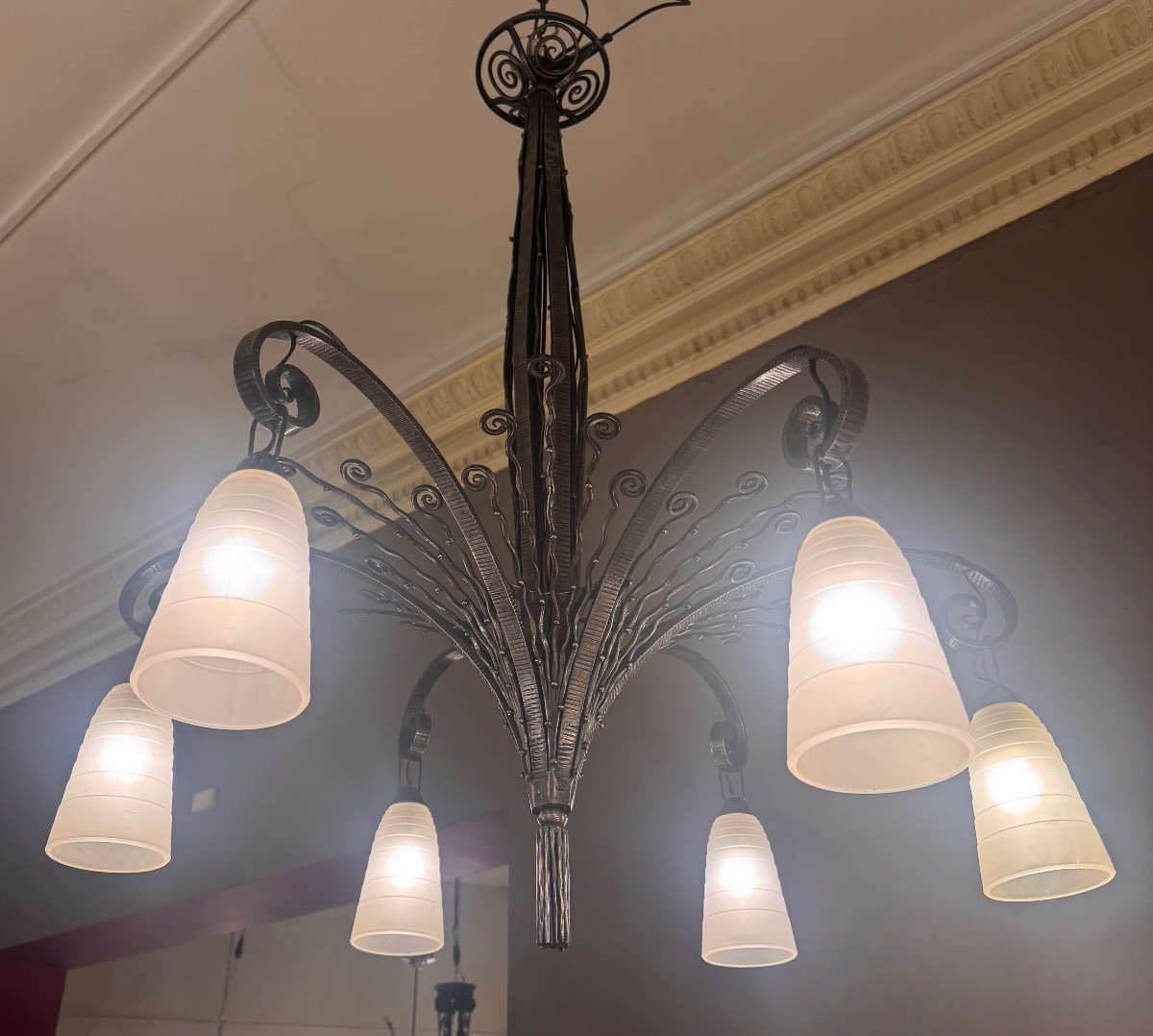 Important Lustre Art Déco FAG / Marcel Vasseur (D’après) en fer forgé ( lustre art deco 1930 ) -photo-1