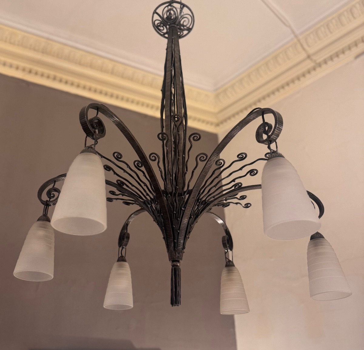 Important Lustre Art Déco FAG / Marcel Vasseur (D’après) en fer forgé ( lustre art deco 1930 ) -photo-6