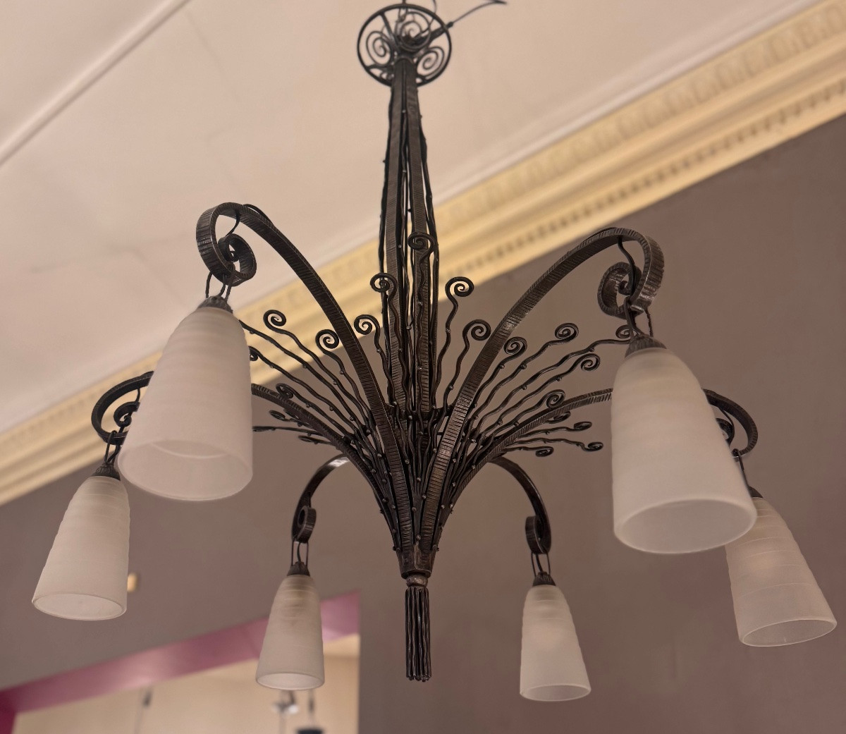 Important Lustre Art Déco FAG / Marcel Vasseur (D’après) en fer forgé ( lustre art deco 1930 ) -photo-7