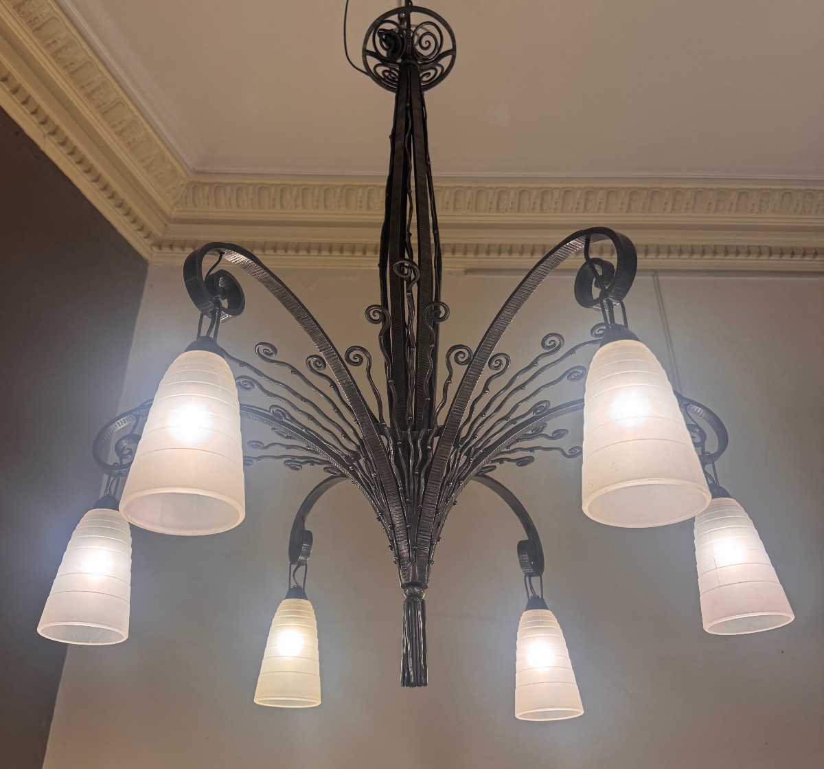 Important Lustre Art Déco FAG / Marcel Vasseur (D’après) en fer forgé ( lustre art deco 1930 ) 