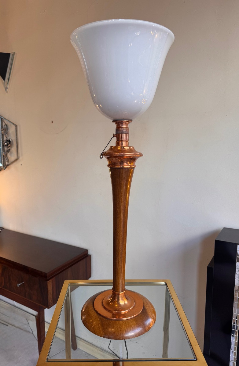Grande Lampe Art Déco Mazda en Acajou / Garnitures cuivre et Système tirette ( lampe 1930 ) -photo-2