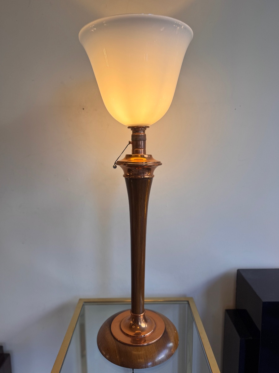 Grande Lampe Art Déco Mazda en Acajou / Garnitures cuivre et Système tirette ( lampe 1930 ) -photo-3