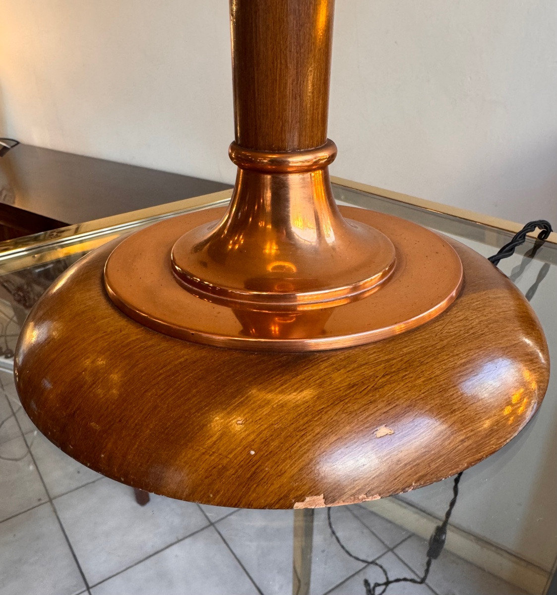 Grande Lampe Art Déco Mazda en Acajou / Garnitures cuivre et Système tirette ( lampe 1930 ) -photo-4