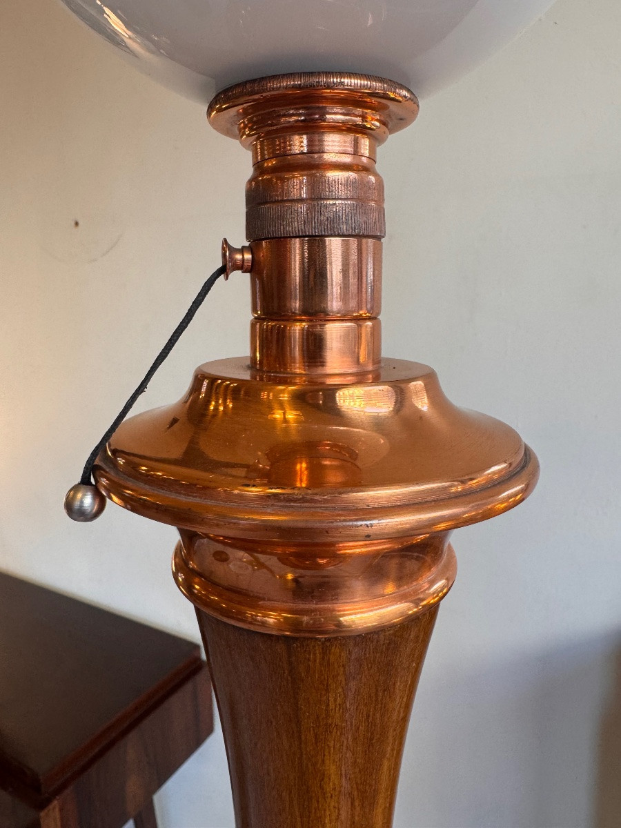 Grande Lampe Art Déco Mazda en Acajou / Garnitures cuivre et Système tirette ( lampe 1930 ) -photo-5