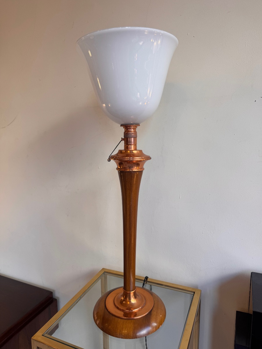 Grande Lampe Art Déco Mazda en Acajou / Garnitures cuivre et Système tirette ( lampe 1930 ) -photo-6
