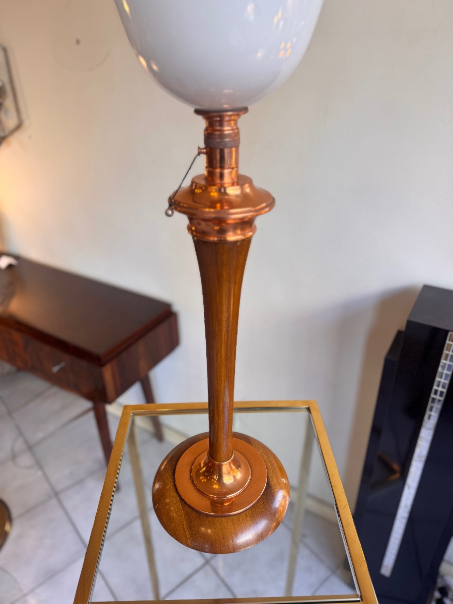 Grande Lampe Art Déco Mazda en Acajou / Garnitures cuivre et Système tirette ( lampe 1930 ) -photo-8