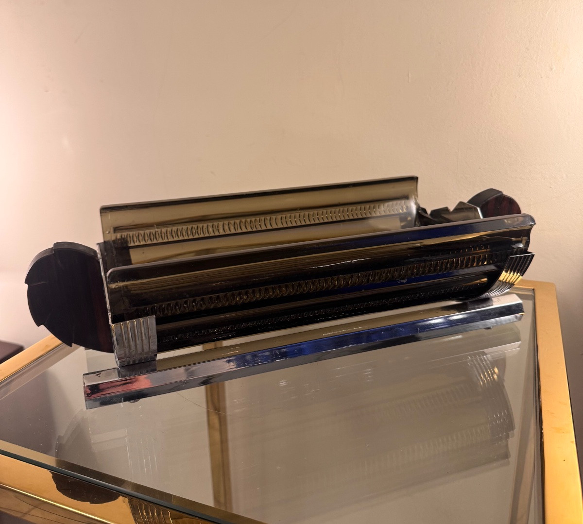 Centre de table / Vide-poches / Corbeille Art Déco en chrome et ébène de Macassar ( deco 1930 )-photo-5