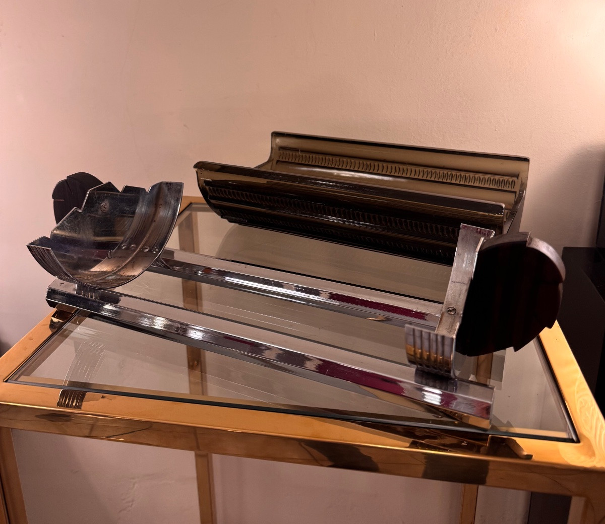 Centre de table / Vide-poches / Corbeille Art Déco en chrome et ébène de Macassar ( deco 1930 )-photo-7