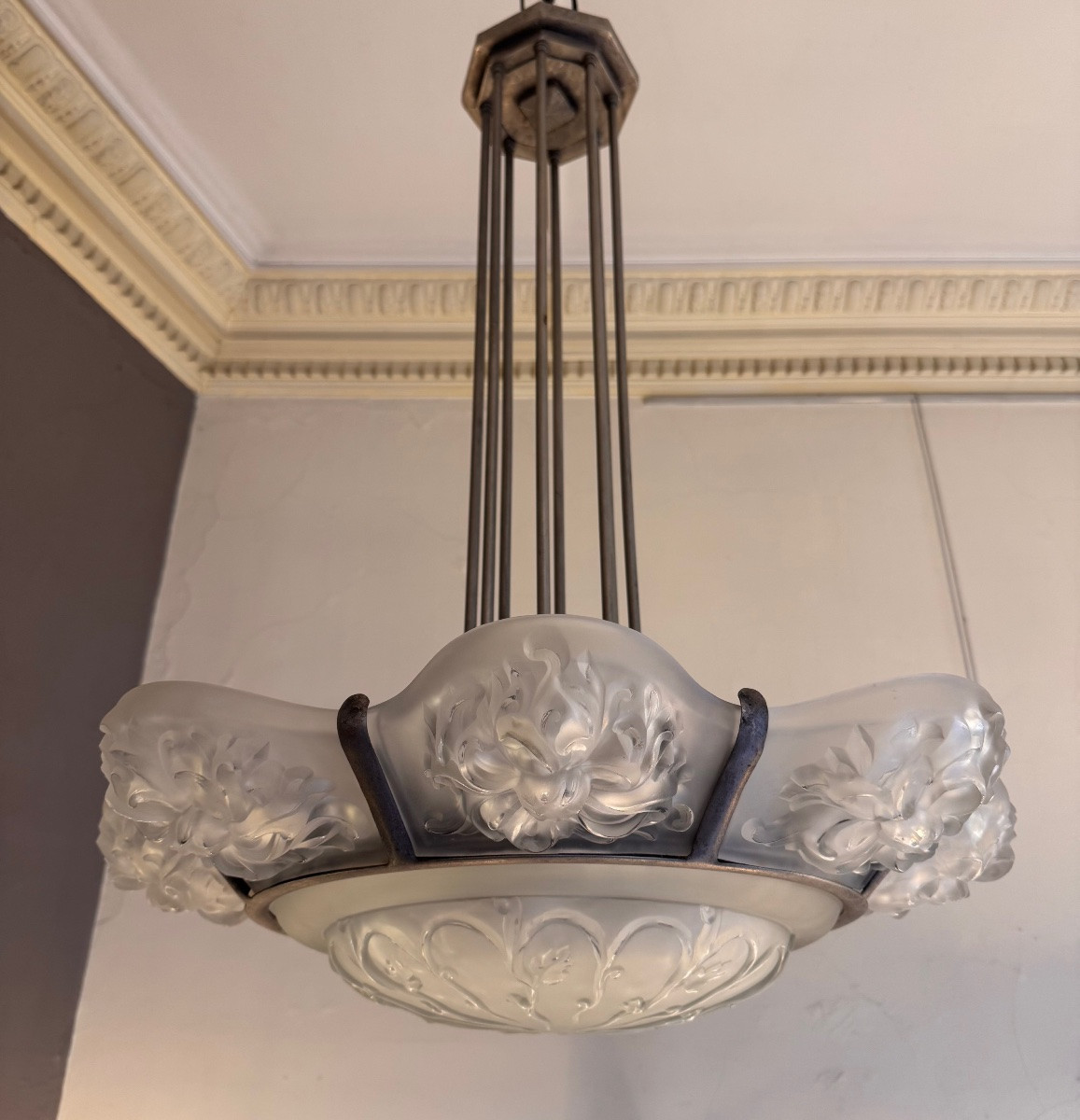 Important And Rare Art Deco Chandelier With 8 Panels / 1 Bowl Signed Sabino Paris (art Deco 1930) -photo-3