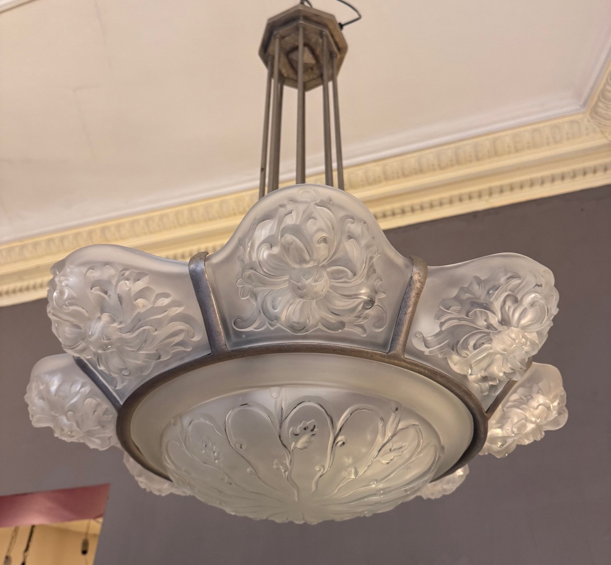 Important And Rare Art Deco Chandelier With 8 Panels / 1 Bowl Signed Sabino Paris (art Deco 1930) -photo-4