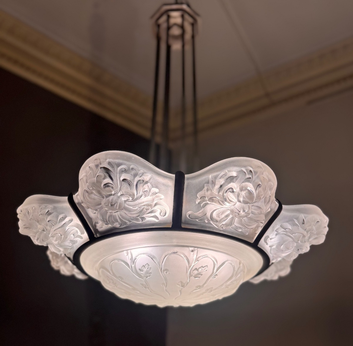 Important And Rare Art Deco Chandelier With 8 Panels / 1 Bowl Signed Sabino Paris (art Deco 1930) -photo-1