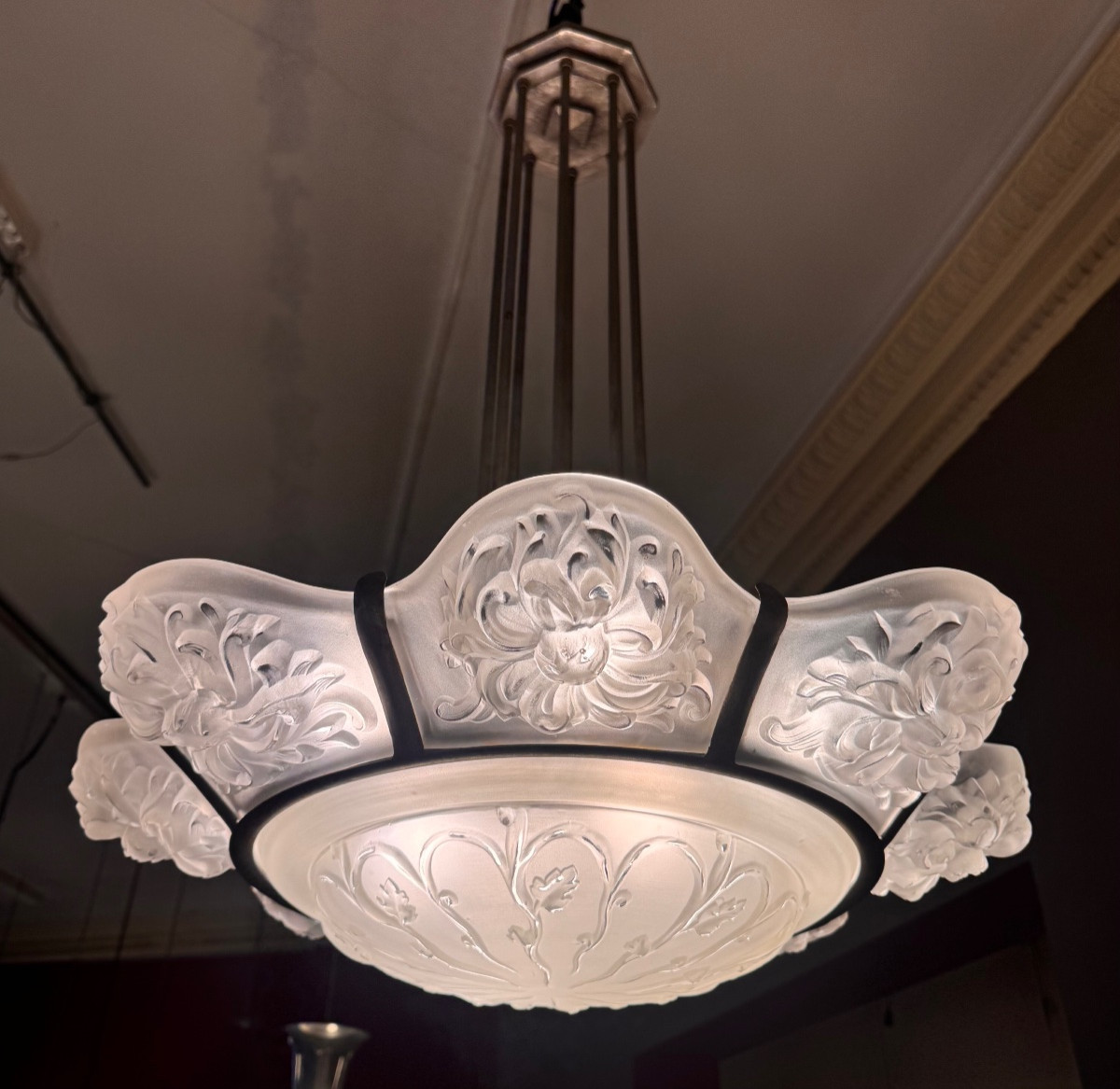 Important And Rare Art Deco Chandelier With 8 Panels / 1 Bowl Signed Sabino Paris (art Deco 1930) -photo-3