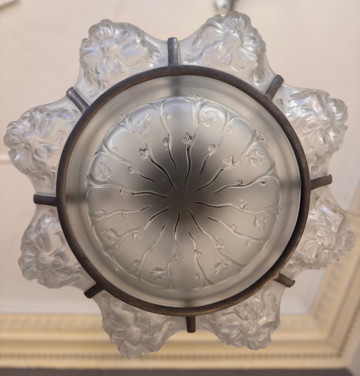 Important And Rare Art Deco Chandelier With 8 Panels / 1 Bowl Signed Sabino Paris (art Deco 1930) -photo-5