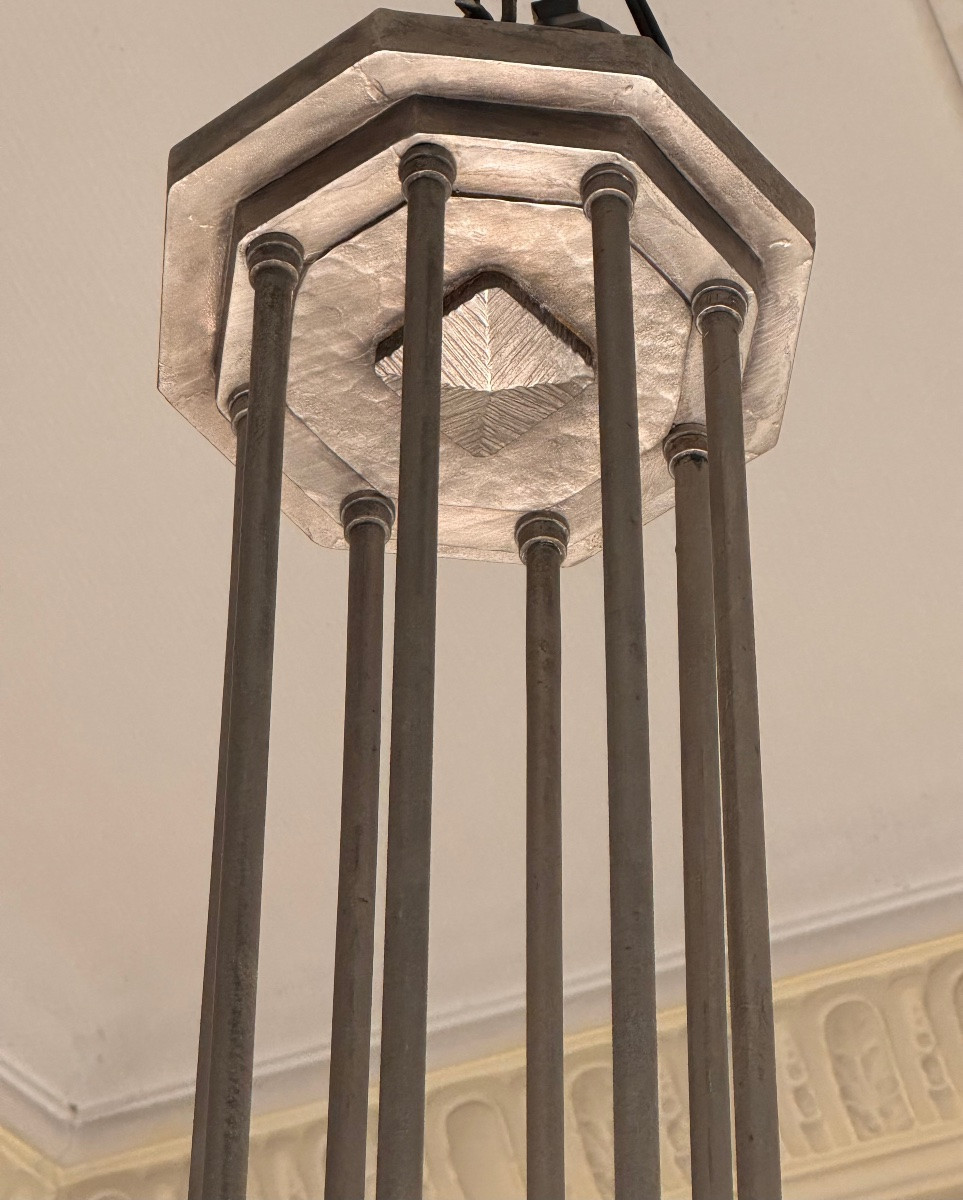 Important And Rare Art Deco Chandelier With 8 Panels / 1 Bowl Signed Sabino Paris (art Deco 1930) -photo-8