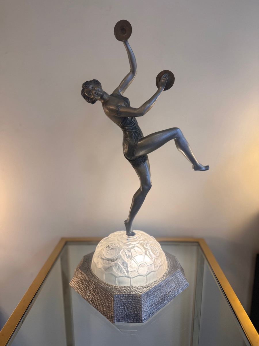 Extraordinaire Lampe Art Déco Émile Grégoire « Danseuse aux cymbales » Signée ( art deco 1930 -photo-2