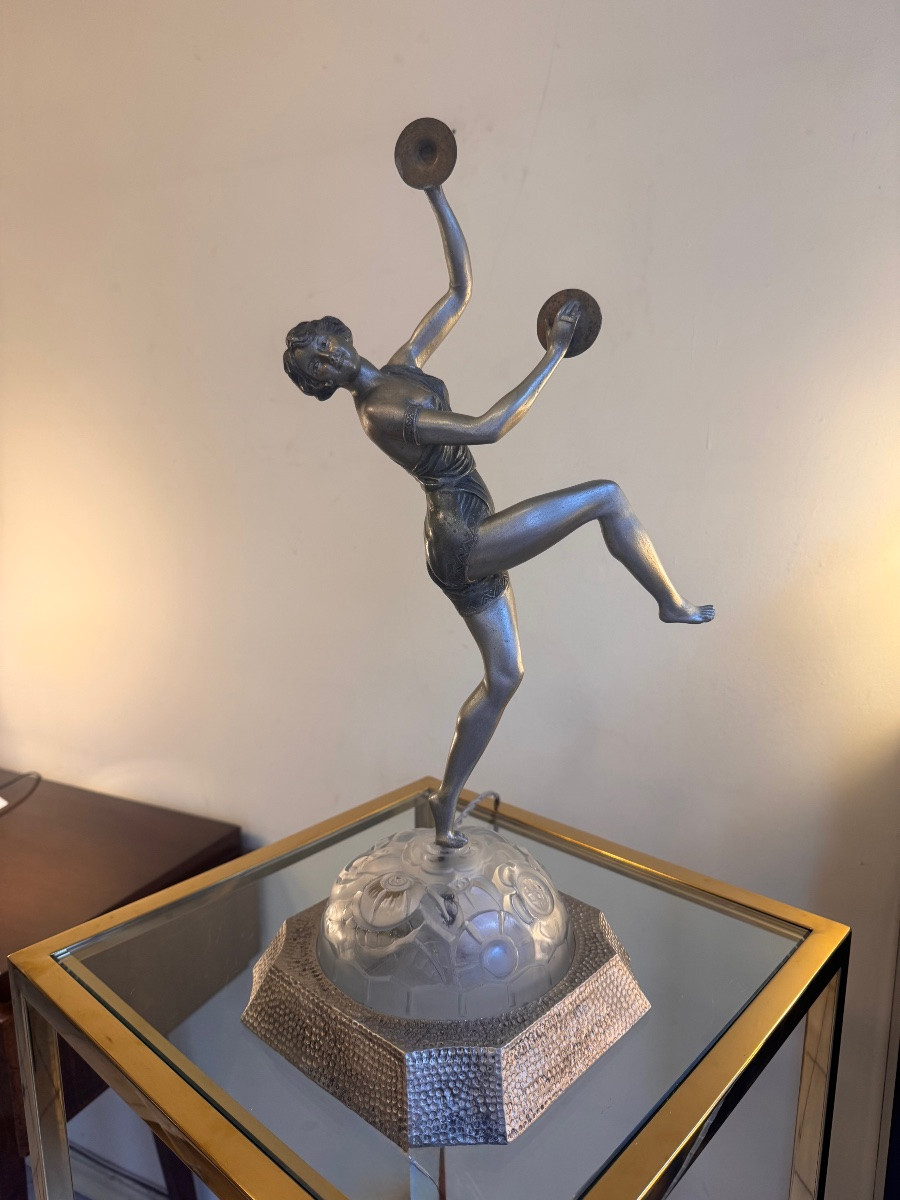 Extraordinaire Lampe Art Déco Émile Grégoire « Danseuse aux cymbales » Signée ( art deco 1930 -photo-4