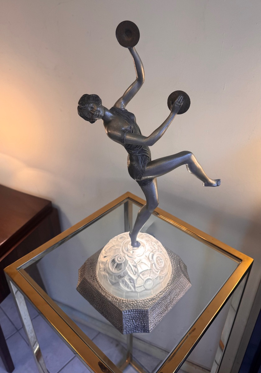 Extraordinaire Lampe Art Déco Émile Grégoire « Danseuse aux cymbales » Signée ( art deco 1930 -photo-2