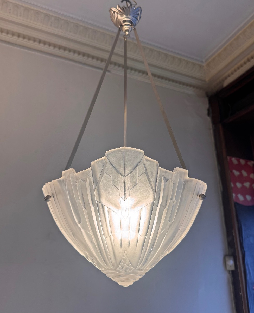  Suspension Art Déco à obus Signée Hugue / Degué  ( plafonnier / lustre art deco 1930 ) -photo-2
